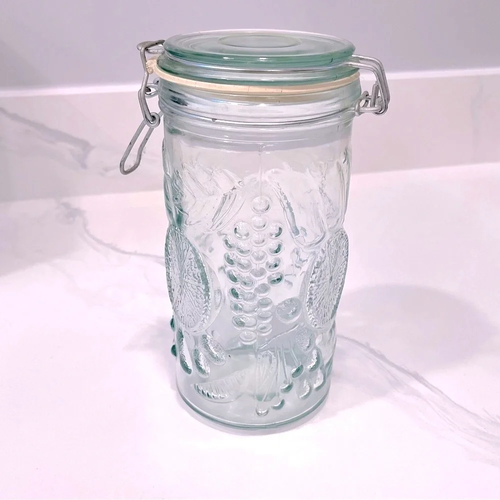 Vintage Embossed Fuit Pattern Glass Canister Set with Wire Bale Hinges, Set of 2